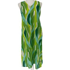Cristina Vergani Italy NWT Linen Blend Sleeveless Midi Dress M Green Leaf Print